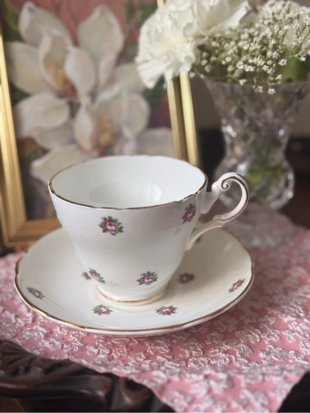 White Porcelain Teacup & Saucer Set with Pink Rose Accents